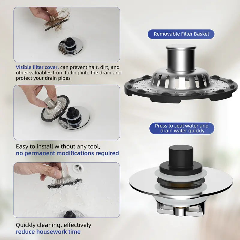 3-in-1 Pop-up Sink Stopper - 1 Pack Chrome🚿