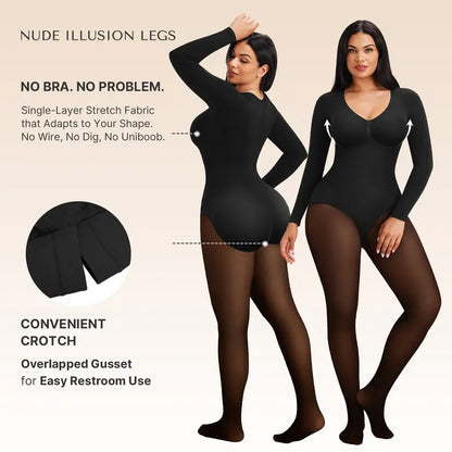 Women's Sheer-Panel Fleece-Lined Tights Bodysuit 🖤