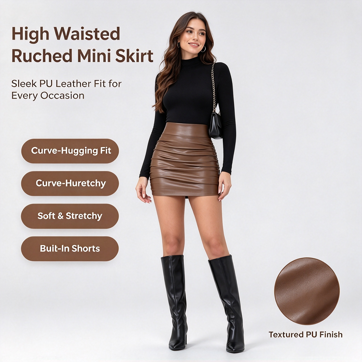 High Waisted Ruched Fleece PU Mini Skirt with Built-In Shorts