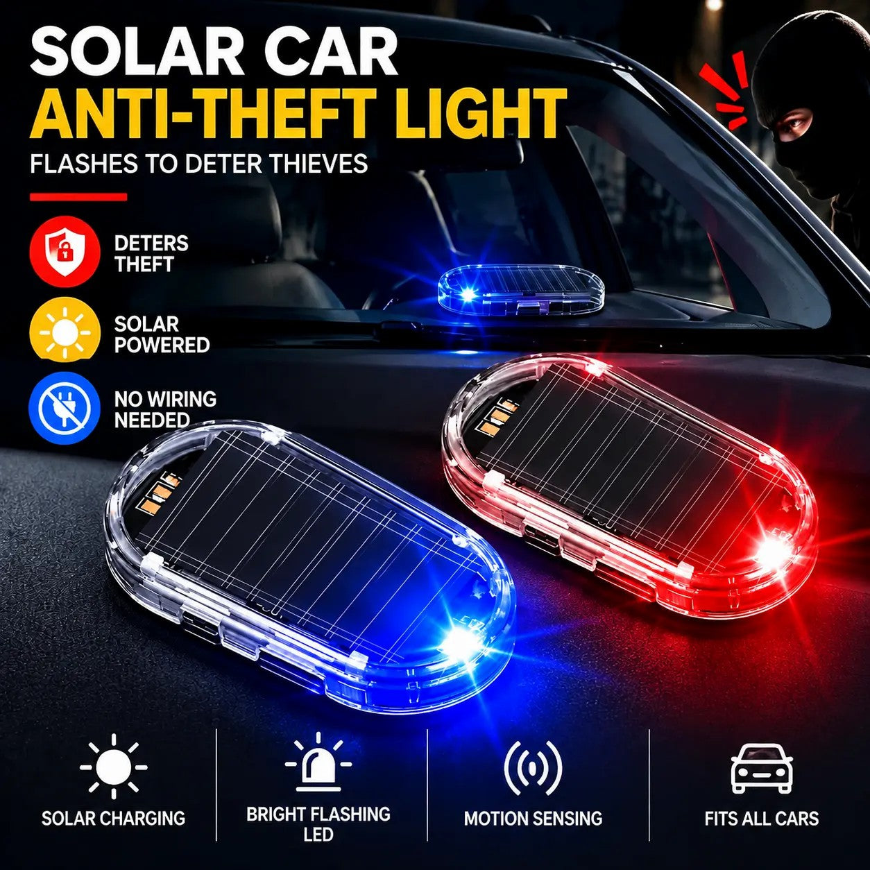 Solar powered fake car alarm warning light