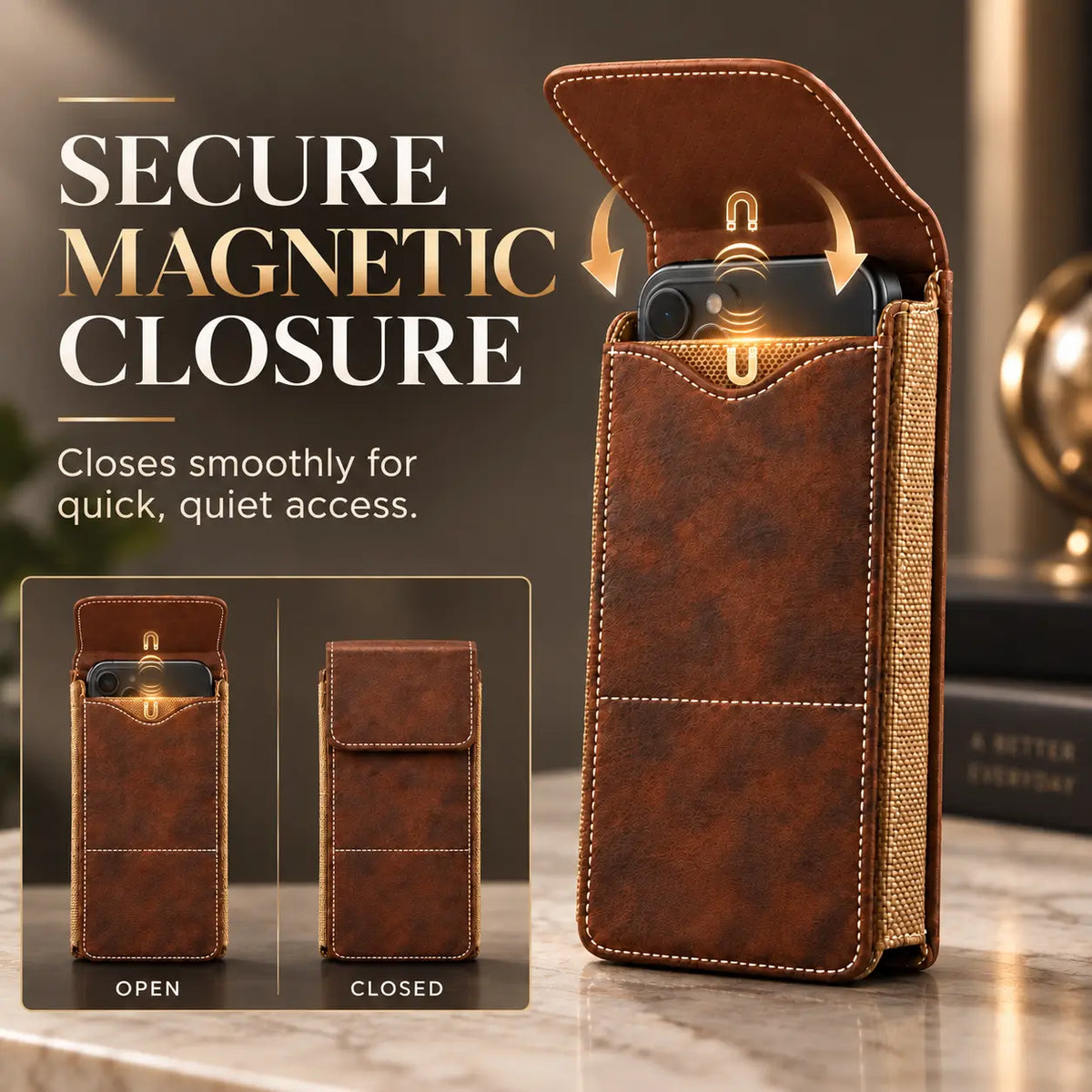 Men's Waist Phone Pouch with Card Slot, Magnetic Lock & Metal Belt Clip📱