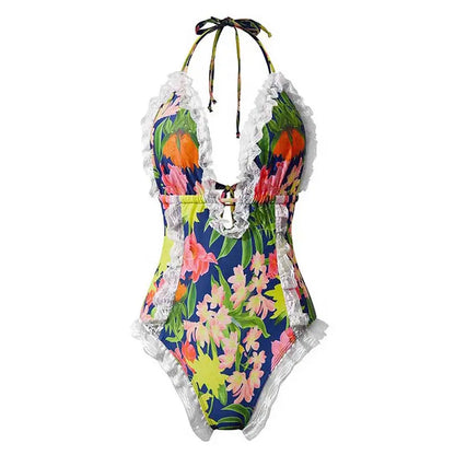 Aprilake Women's One Piece Halter V-neck Printing👙