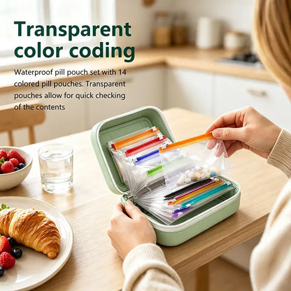 Waterproof Pill Pouch Set, 14pcs Bags Inside, A8 Waterproof Pill Organizer Set, 7 to 14 Days of Meds💊 🧳