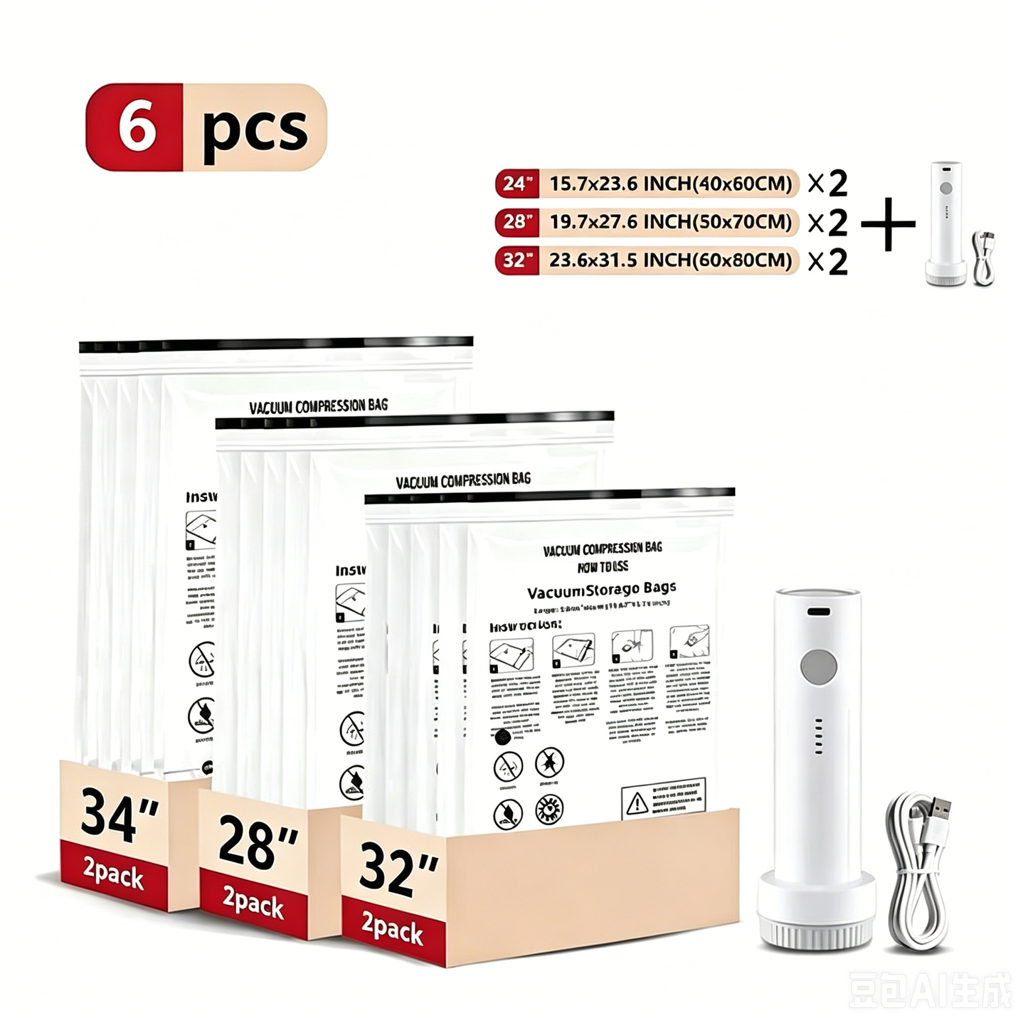 Cordless Travel Vacuum Storage Compression BagSet 7PCS