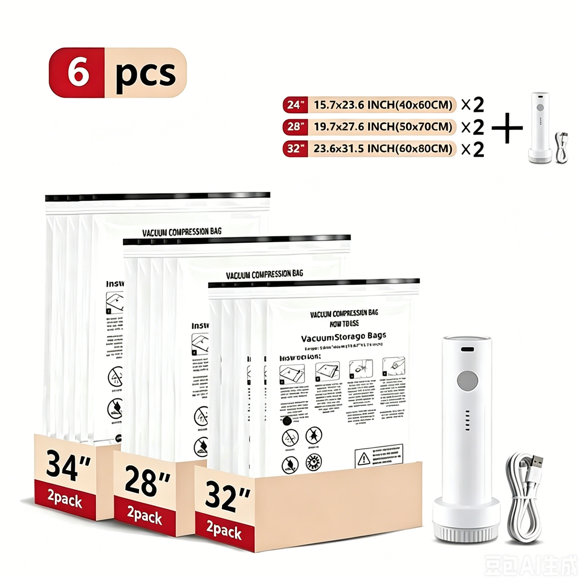 Cordless Travel Vacuum Storage Compression BagSet 7PCS