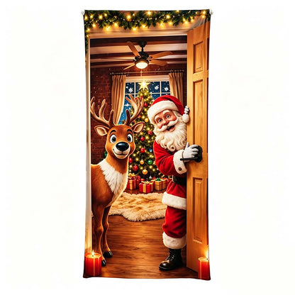 Christmas Door Cover - Stretch Fit Santa & Reindeer Door Decoration with 4-Side Elastic Edges🎅