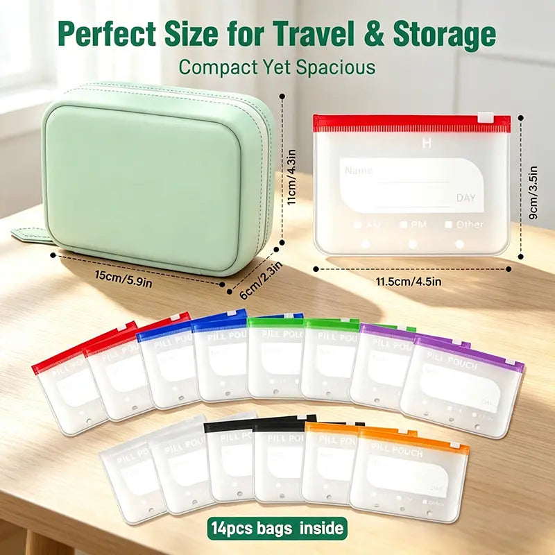 Waterproof Pill Pouch Set, 14pcs Bags Inside, A8 Waterproof Pill Organizer Set, 7 to 14 Days of Meds💊 🧳