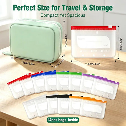 Waterproof Pill Pouch Set, 14pcs Bags Inside, A8 Waterproof Pill Organizer Set, 7 to 14 Days of Meds💊 🧳