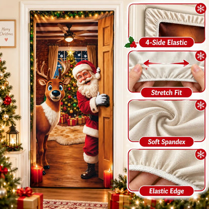 Christmas Door Cover - Stretch Fit Santa & Reindeer Door Decoration with 4-Side Elastic Edges🎅