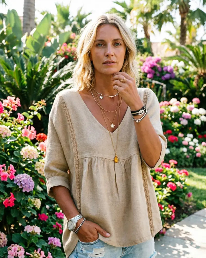 Women's Chic Loose-Fit V-Neck Lace Blouse, 3/4-Length Puff Sleeves