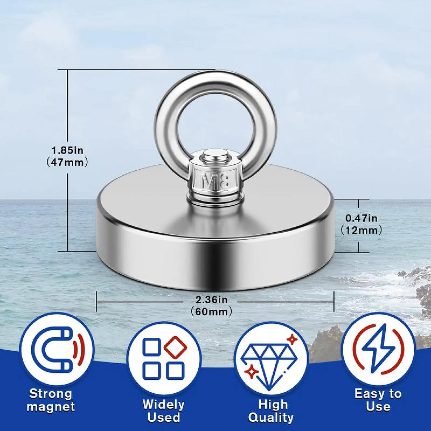 350 LBS Heavy Duty Fishing Magnet, Magnet with Countersunk Eyebolt🧲