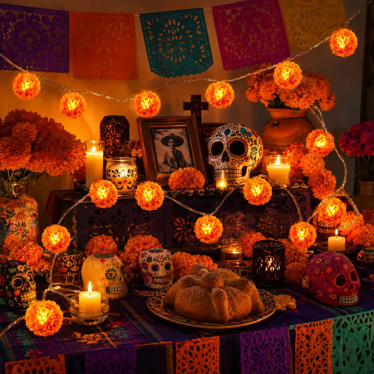 3M Mexican Marigold LED String Lights, 20 Flashing Orange Cempasuchil Style Garland, Battery-Powered🌼✨