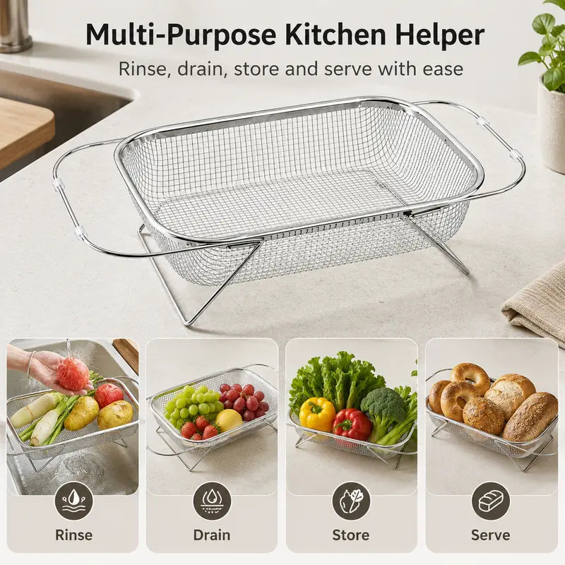 Stainless Steel Over-The-Sink Colander Strainer Basket, Expandable Rectangle Fine Mesh Kitchen Utensils🥣