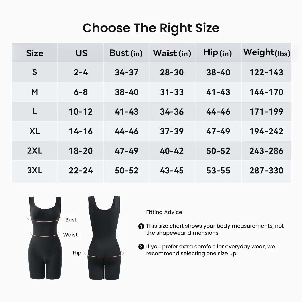 Faja Bodysuit size chart