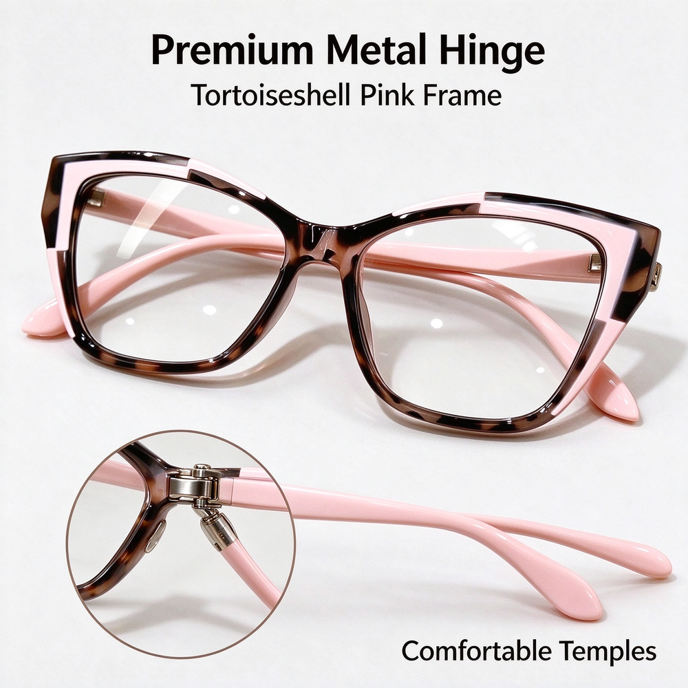 Pink reading glasses showing the metal hinge and curved pink temple arms