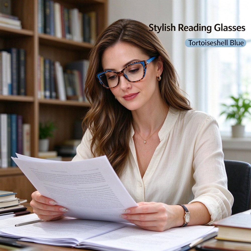 Woman wearing blue cat-eye readers while looking at paperwork at her desk