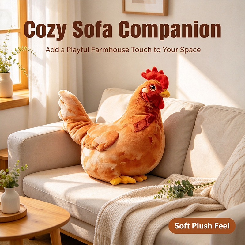 Hen-shaped decorative cushion sitting on a cream sofa beside a knitted throw