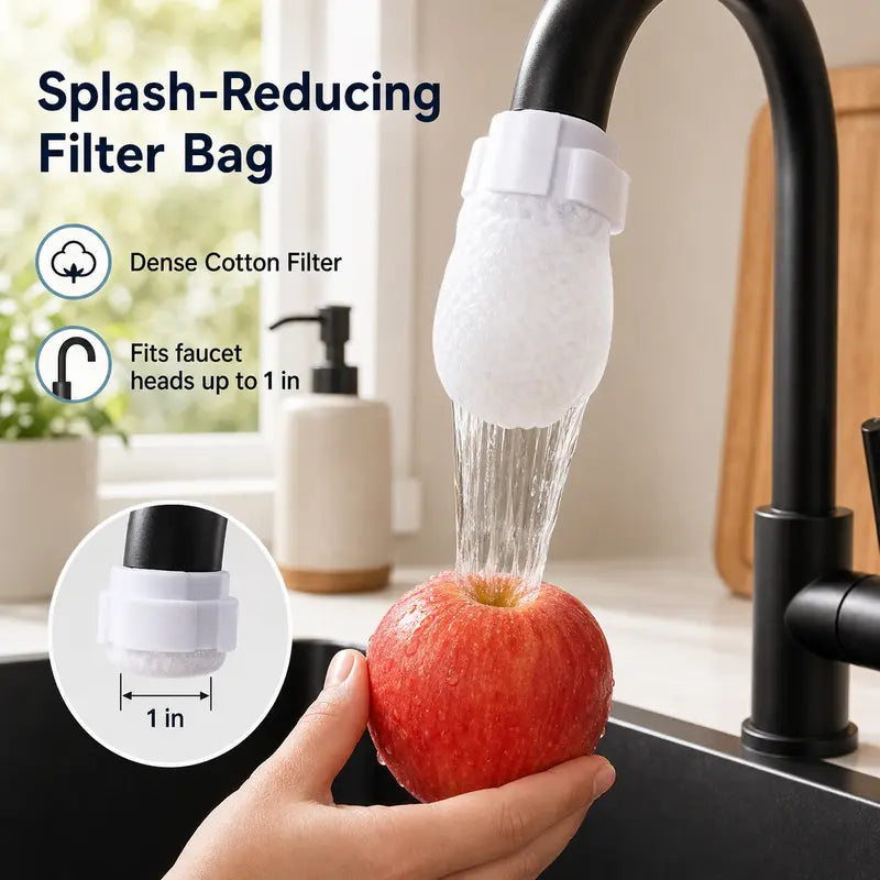 Reusable fastening straps securing the filter bag around a faucet spout