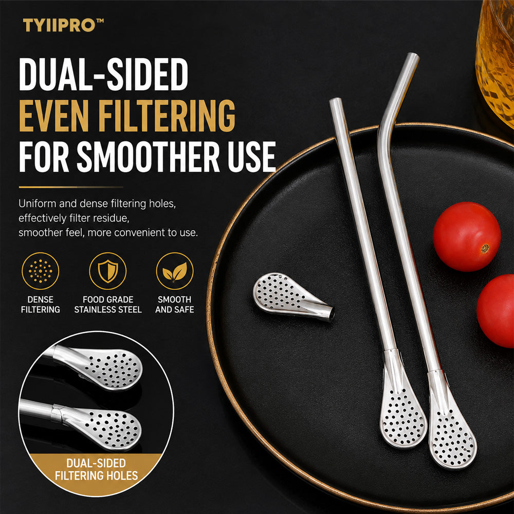 3-Count Stainless Steel Straw-Spoon, Multifunctional Filtered Strainer Scoop for Yerba Mate Tea, Fruit, Beverage, Coffee🥤