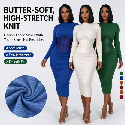 Women's Long-Sleeve High-Stretch Bodycon Midi Dress with PU Waist Belt Detail 👗