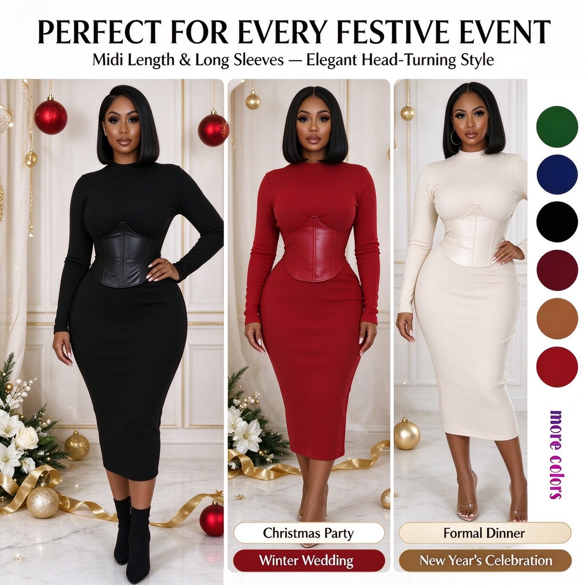 Women's Long-Sleeve High-Stretch Bodycon Midi Dress with PU Waist Belt Detail 👗