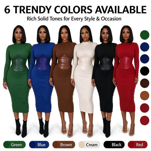 Women's Long-Sleeve High-Stretch Bodycon Midi Dress with PU Waist Belt Detail 👗