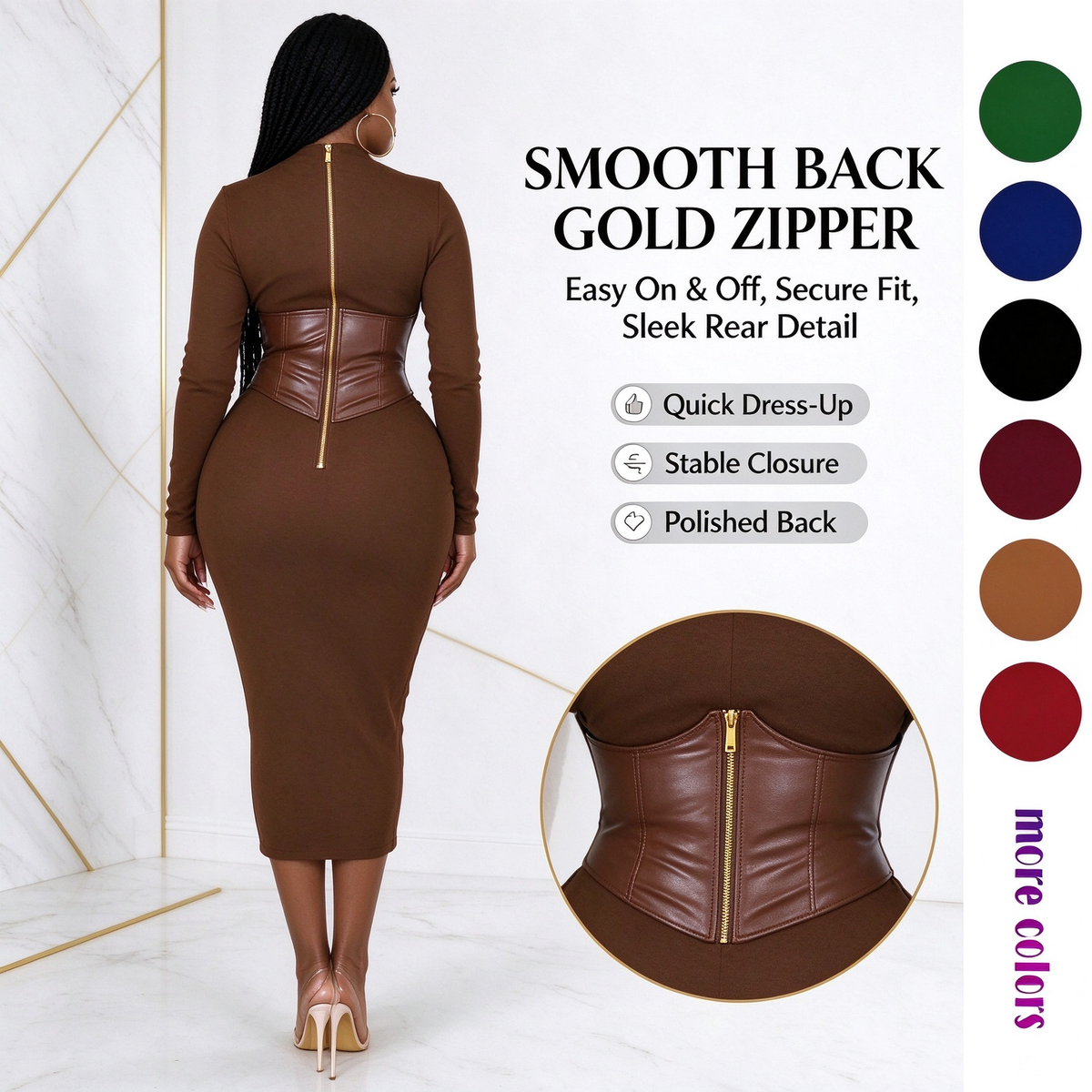 Women's Long-Sleeve High-Stretch Bodycon Midi Dress with PU Waist Belt Detail 👗
