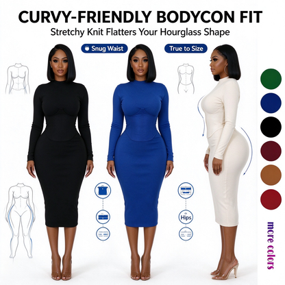 Women's Long-Sleeve High-Stretch Bodycon Midi Dress with PU Waist Belt Detail 👗