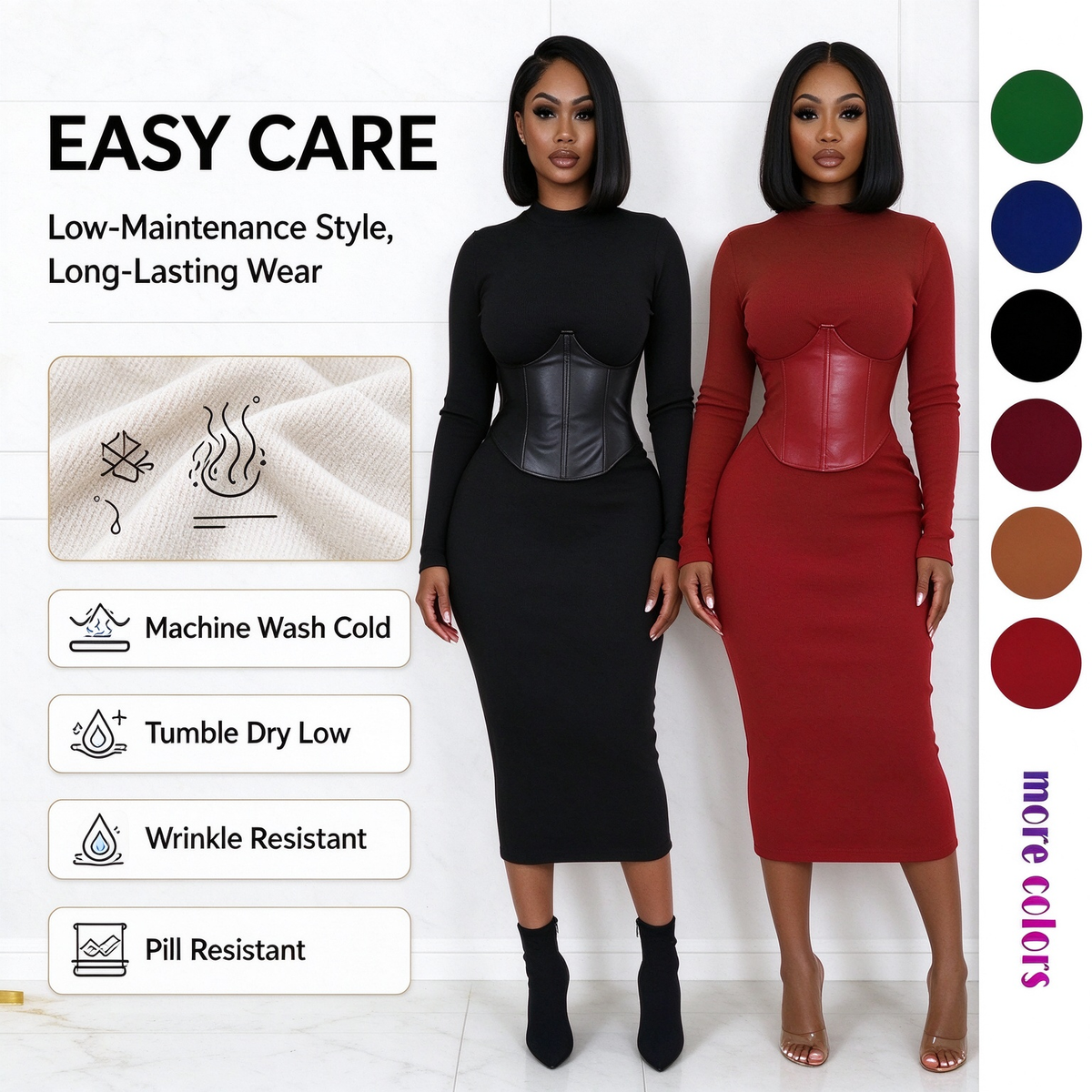 Women's Long-Sleeve High-Stretch Bodycon Midi Dress with PU Waist Belt Detail 👗