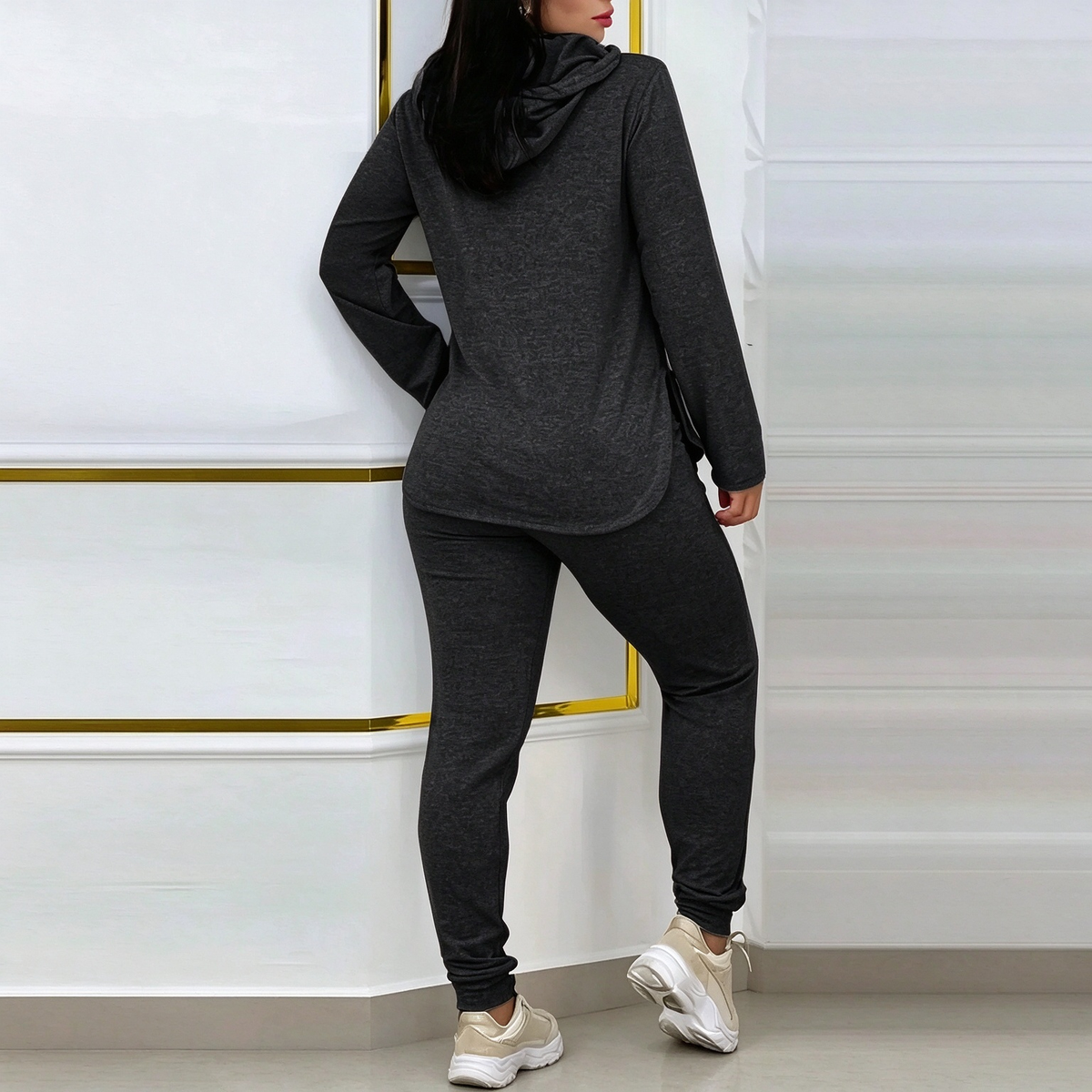 Women's Solid Basic 2-Piece Outfit, Drawstring Hooded Long Sleeve Top & Slim Fit Casual Pants 🧥👖