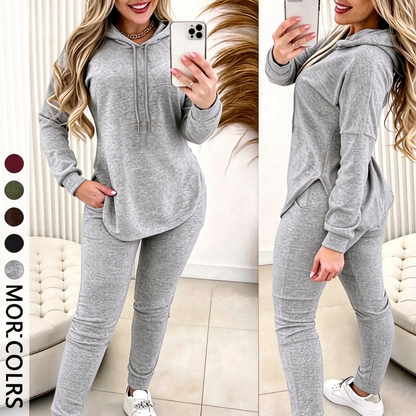 Women's Solid Basic 2-Piece Outfit, Drawstring Hooded Long Sleeve Top & Slim Fit Casual Pants 🧥👖