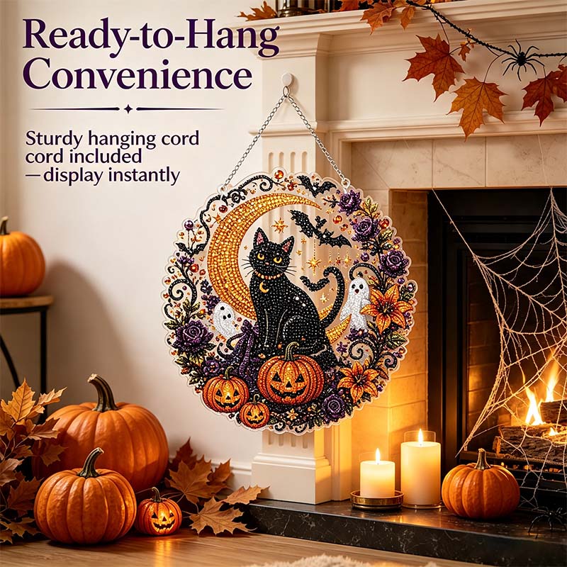 Halloween Diamond Painting Hanging Ornament Kit, Black Cat Moon🎃