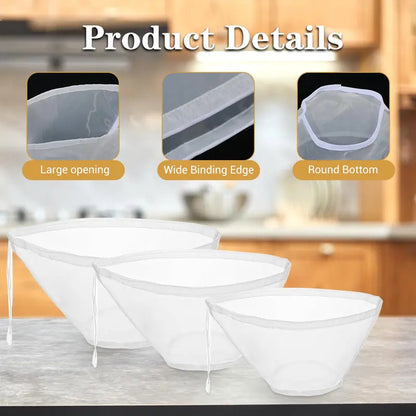 3Pcs Bowl-Shaped Nylon Nut Milk Bag, Reusable Strainer Bags 🥛