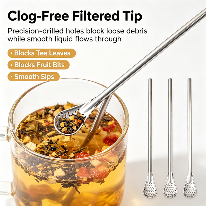 3-Count Stainless Steel Straw-Spoon, Multifunctional Filtered Strainer Scoop for Yerba Mate Tea, Fruit, Beverage, Coffee🥤