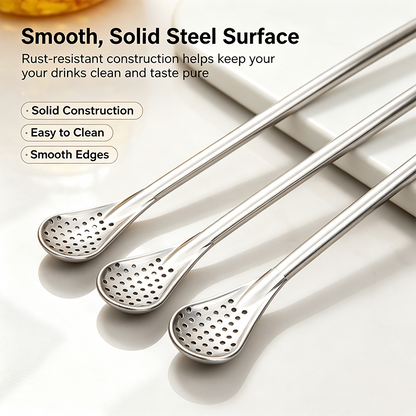 3-Count Stainless Steel Straw-Spoon, Multifunctional Filtered Strainer Scoop for Yerba Mate Tea, Fruit, Beverage, Coffee🥤