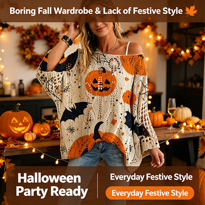 Women's Long-Sleeve Style Knitwear Piece, Halloween Pumpkin-Bat Print Casual Fall Pullover🎃