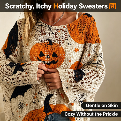 Women's Long-Sleeve Style Knitwear Piece, Halloween Pumpkin-Bat Print Casual Fall Pullover🎃