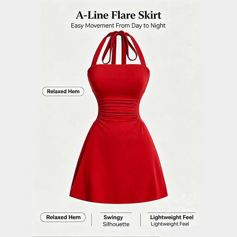 Women's Plain Ruched Tie Back Halter Neck Dress💃