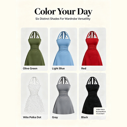 Women's Plain Ruched Tie Back Halter Neck Dress💃