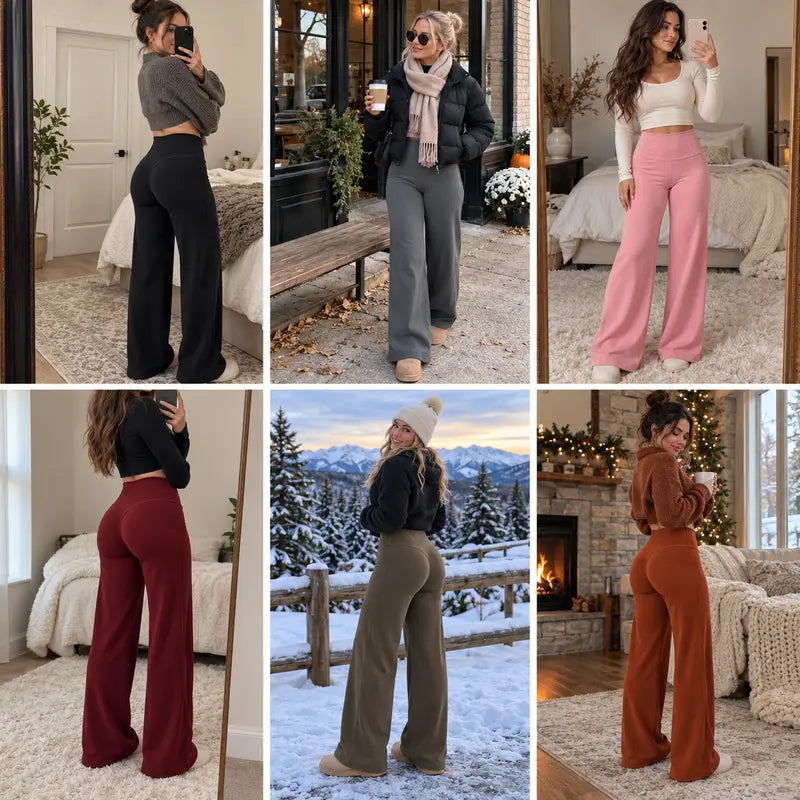 Women's Fleece Lined Wide Leg Pants, High Waisted Soft Thermal Straight Leg Lounge Pants 🧶