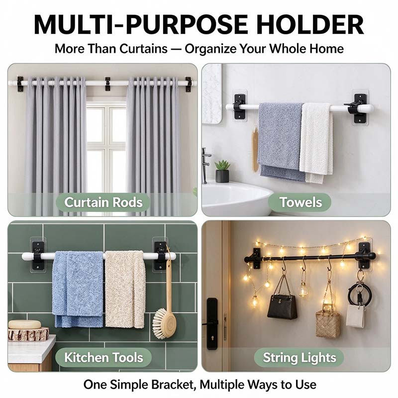 2-Pack No-Drill Curtain Rod Brackets, Self-Adhesive Multifunctional Acrylic Gel Rod Holder Hooks 🏠