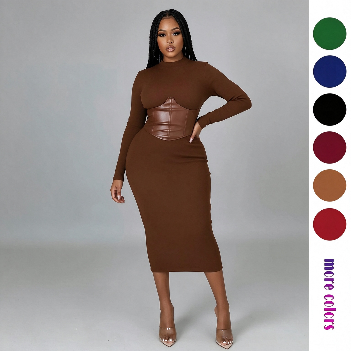 Women's Long-Sleeve High-Stretch Bodycon Midi Dress with PU Waist Belt Detail 👗