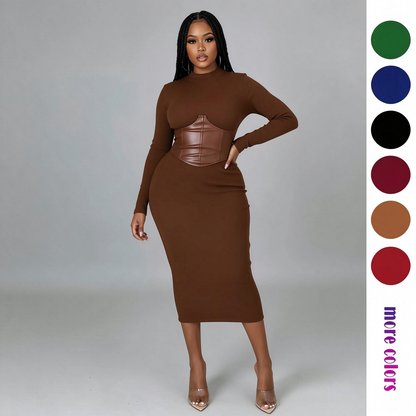 Women's Long-Sleeve High-Stretch Bodycon Midi Dress with PU Waist Belt Detail 👗