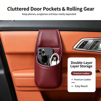 Leather car door storage pocket - double-layer compartments, scratch-proof flannel lining💼