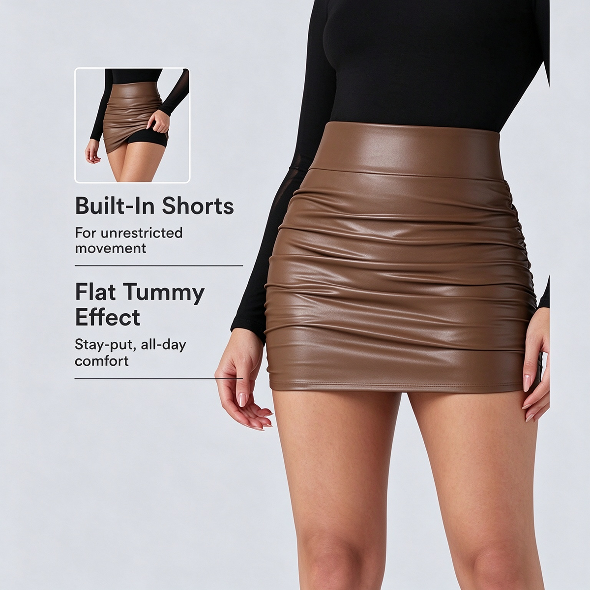 Built-in shorts inside high waisted PU mini skirt