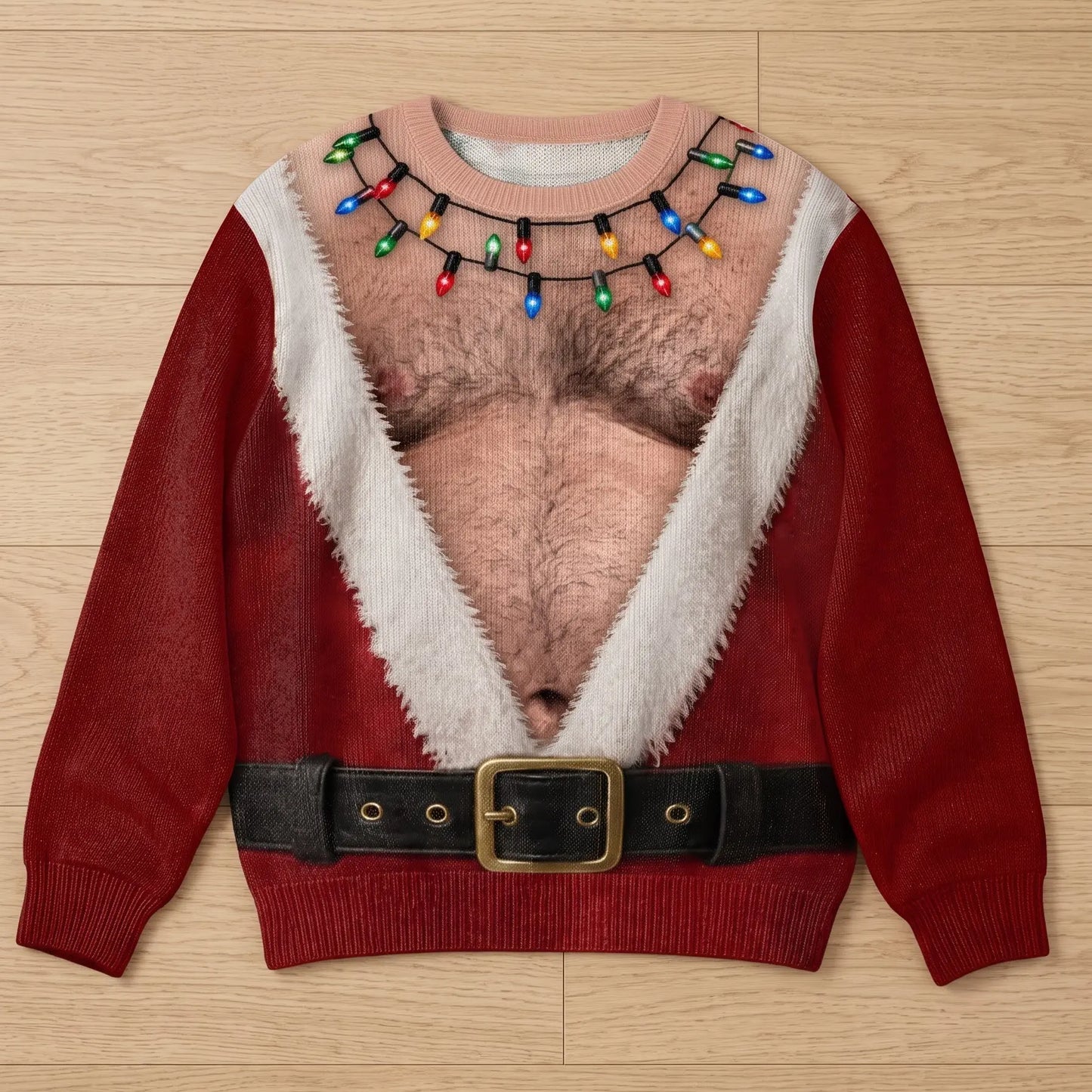 Funny Hairy Chest Santa Lights Ugly Christmas Sweater🎅