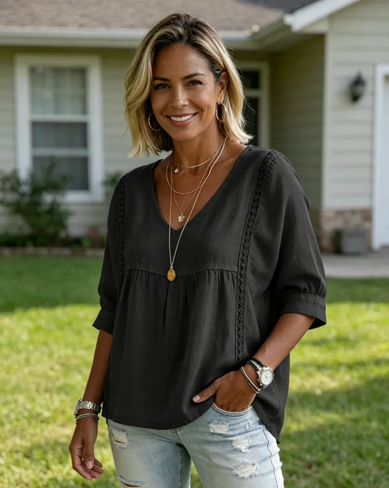 Women's Chic Loose-Fit V-Neck Lace Blouse, 3/4-Length Puff Sleeves