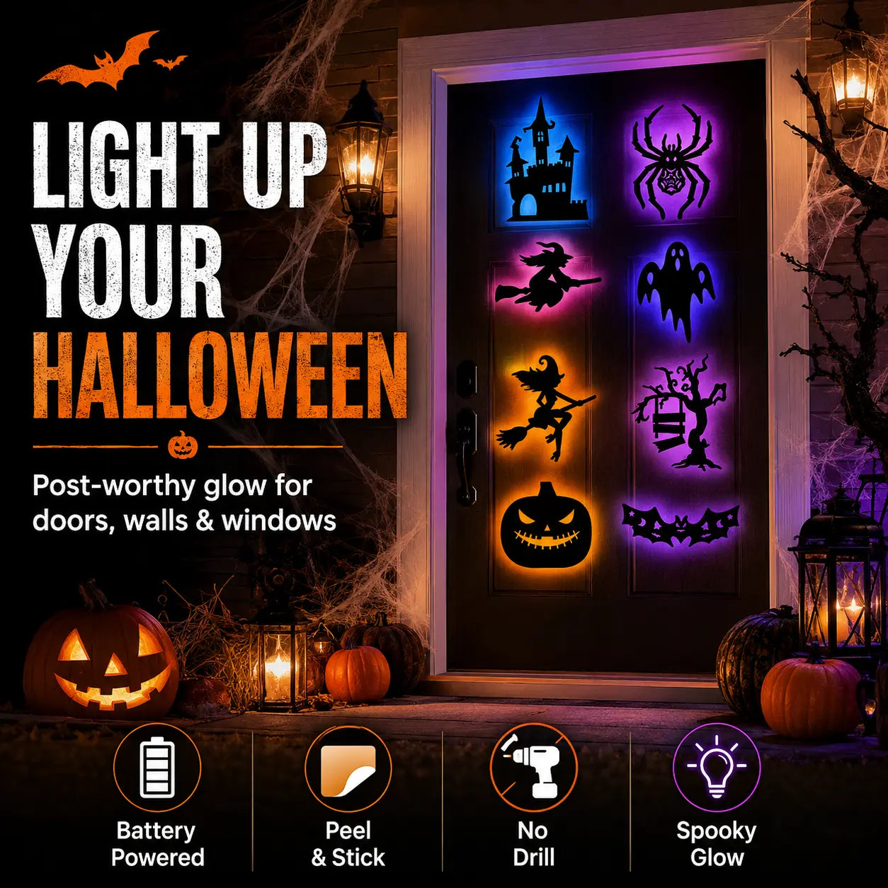 Halloween LED Silhouette Wall Light Stickers, Battery Powered Peel & Stick Decor Lights🎃