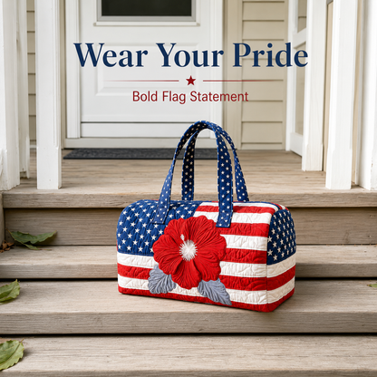 Patriotic Quilted Tote Bag I 3D Floral American Flag Travel Duffel
