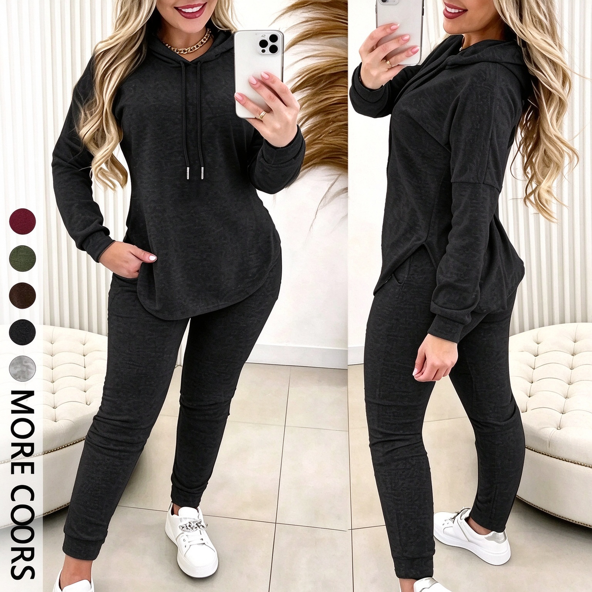Women's Solid Basic 2-Piece Outfit, Drawstring Hooded Long Sleeve Top & Slim Fit Casual Pants 🧥👖